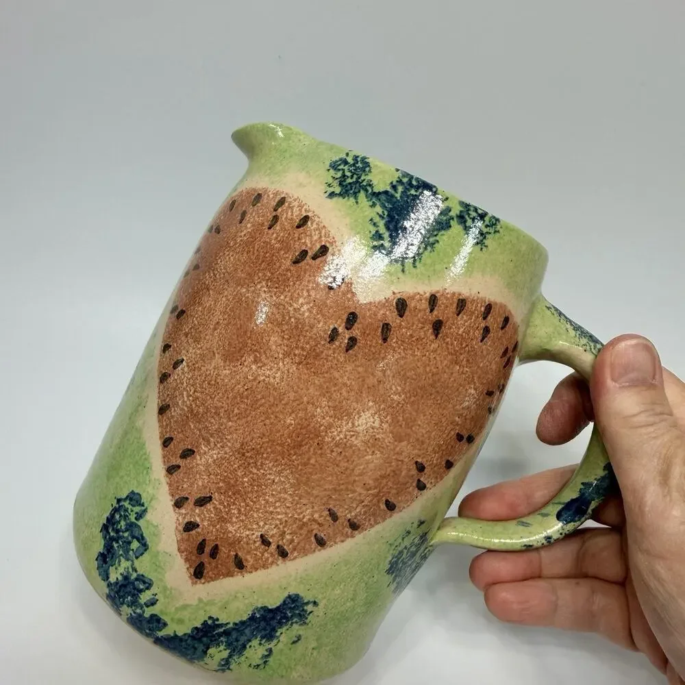 Vtg Spongeware Pottery Watermelon Heart Pitcher Green Red Seeded 6.5” Country
